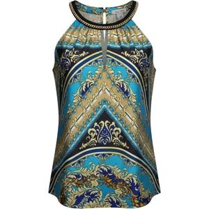 Vintage Cache Halter Top Medium Turquoise Gold Baroque Scarf Print Chain Neck